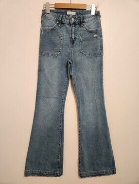 Happily Grey Mid Rise Front Patch Pocket Flare Jeans Stretch Denim 70s Y2K 5/27